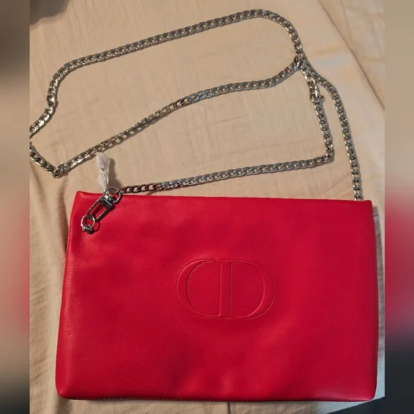 Dior Beauty Red & Pink Vegan Leather Two-Tone Pouch with crossbody chain NWOT - Picture 6 of 15